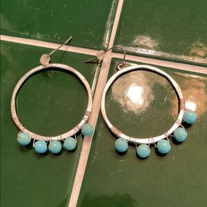 Silver Hoop Earrings with Turquoise Beads